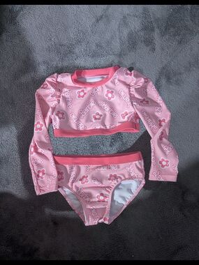 Mattel Barbie Pink Floral Long-Sleeve Girls' Rashguard Swim Set